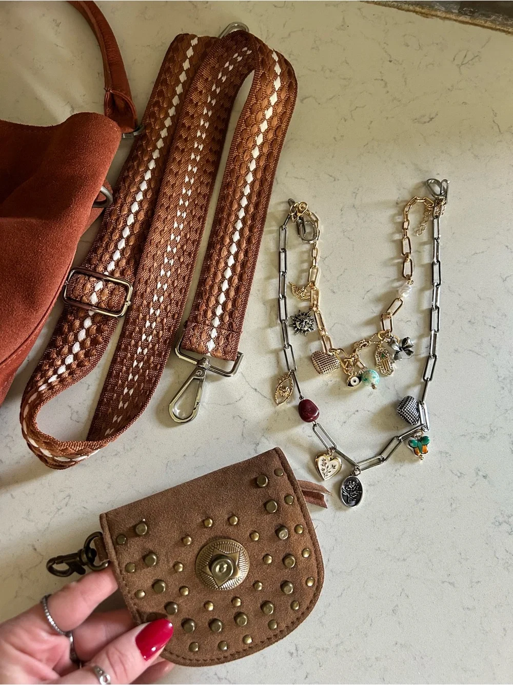 Free People Suzie Suede Slouchy Tote Bag in Between Brown with Wallet/Charm